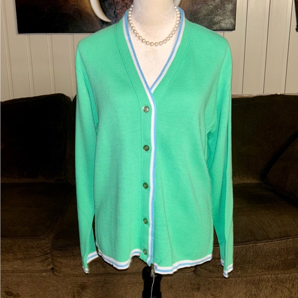 Haymaker • Vintage • 1950’s • Large • Lime Green/ Blue • Sweater Cardigan - Picture 1 of 13